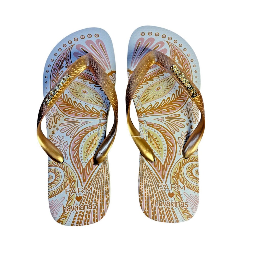 Limited Edition Farm Rio Papillon Havaianas Flip Flops Gold/yellow Sz 9-10 Women - Picture 3 of 6